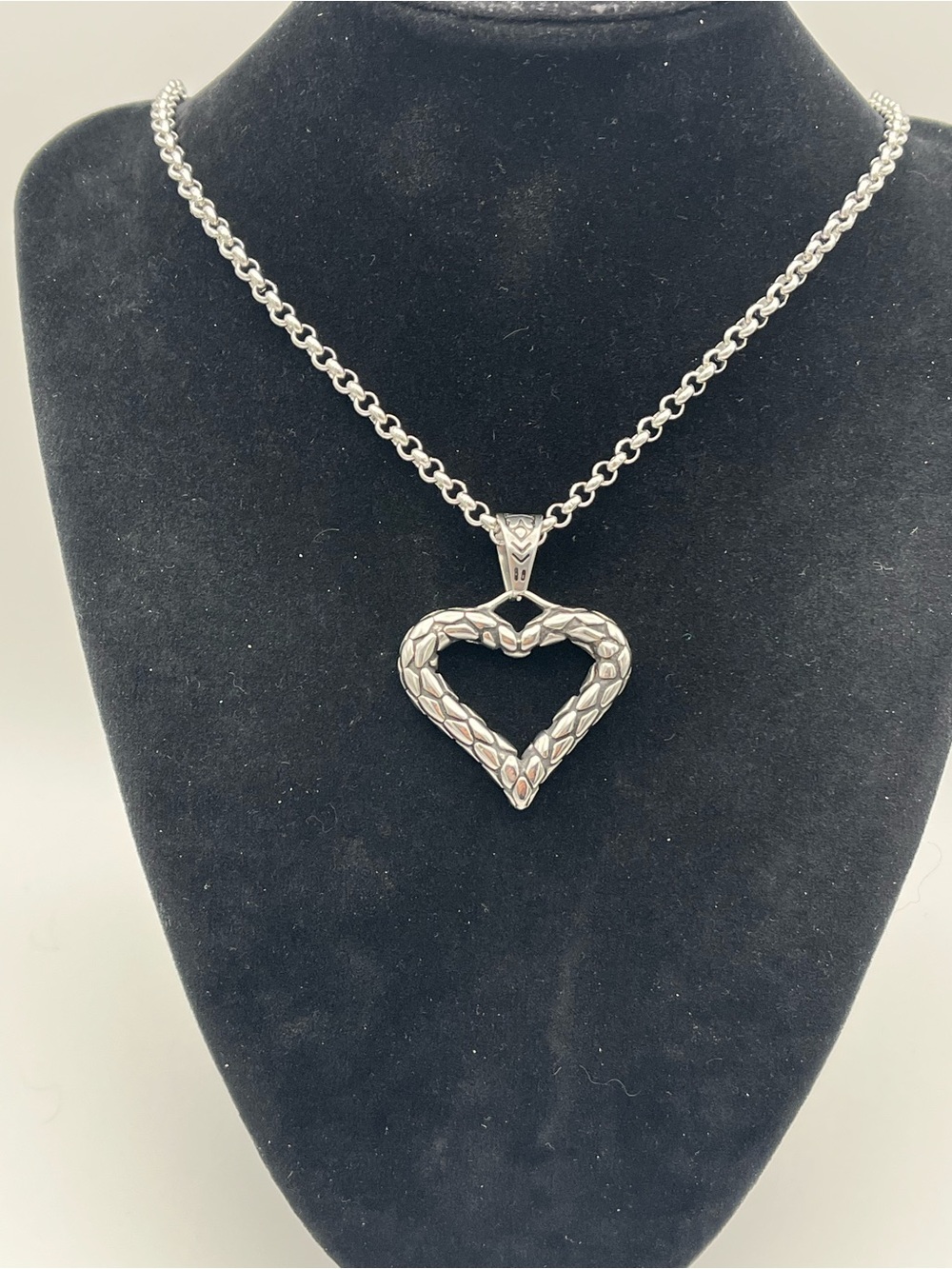 Textured Stainless Steel Heart Pendant w/ Rolo Chain Necklace for Women